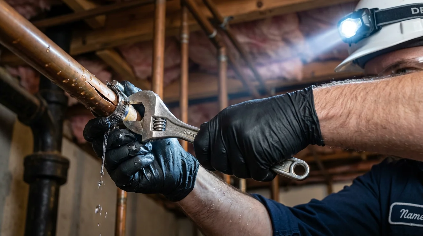 Emergency pipe clamp repair being performed by a Johns Plumbing LLC plumber in Brownfield