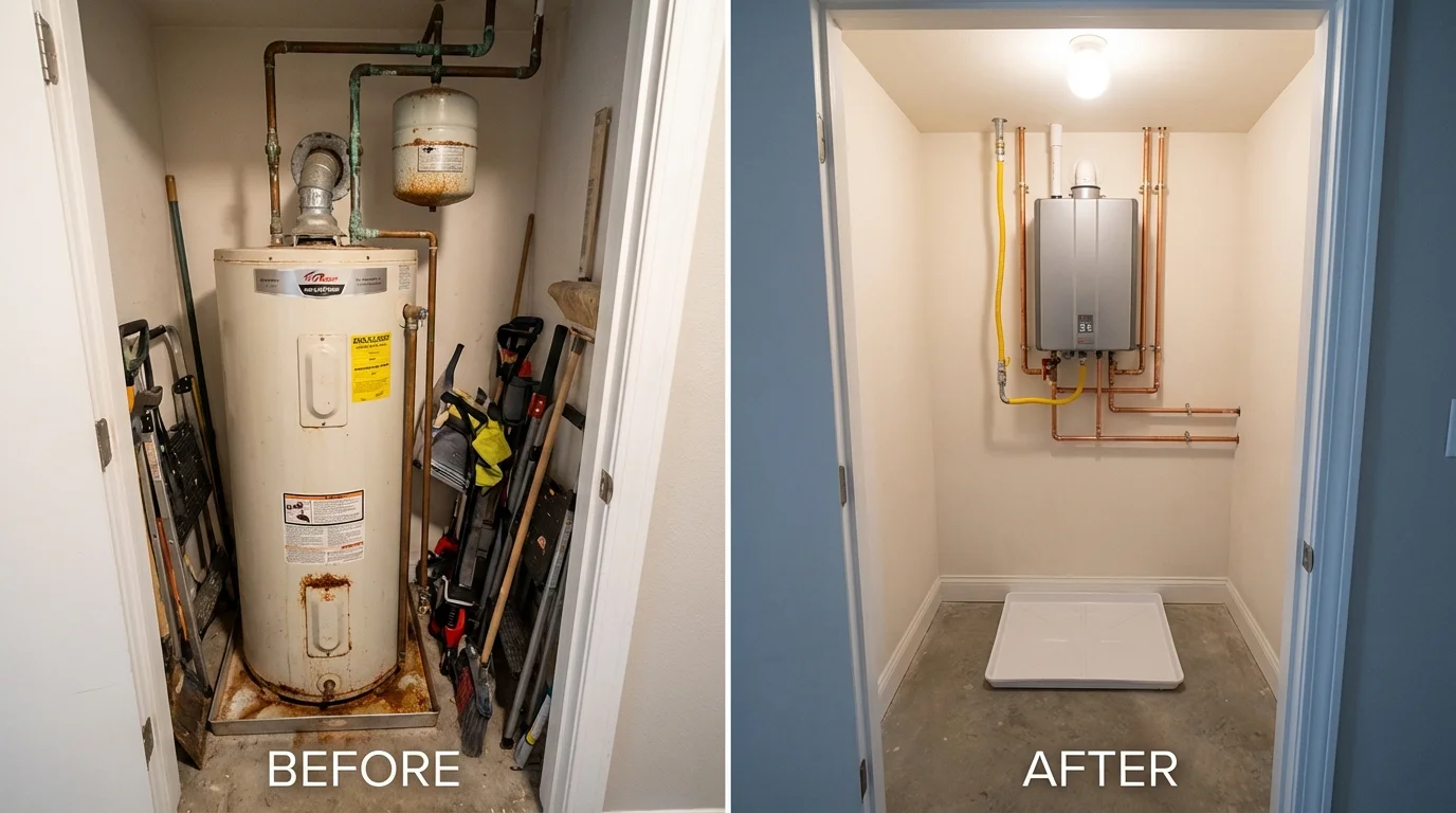 Tank water heater versus wall-mounted tankless unit comparison for Brownfield, ME homeowners