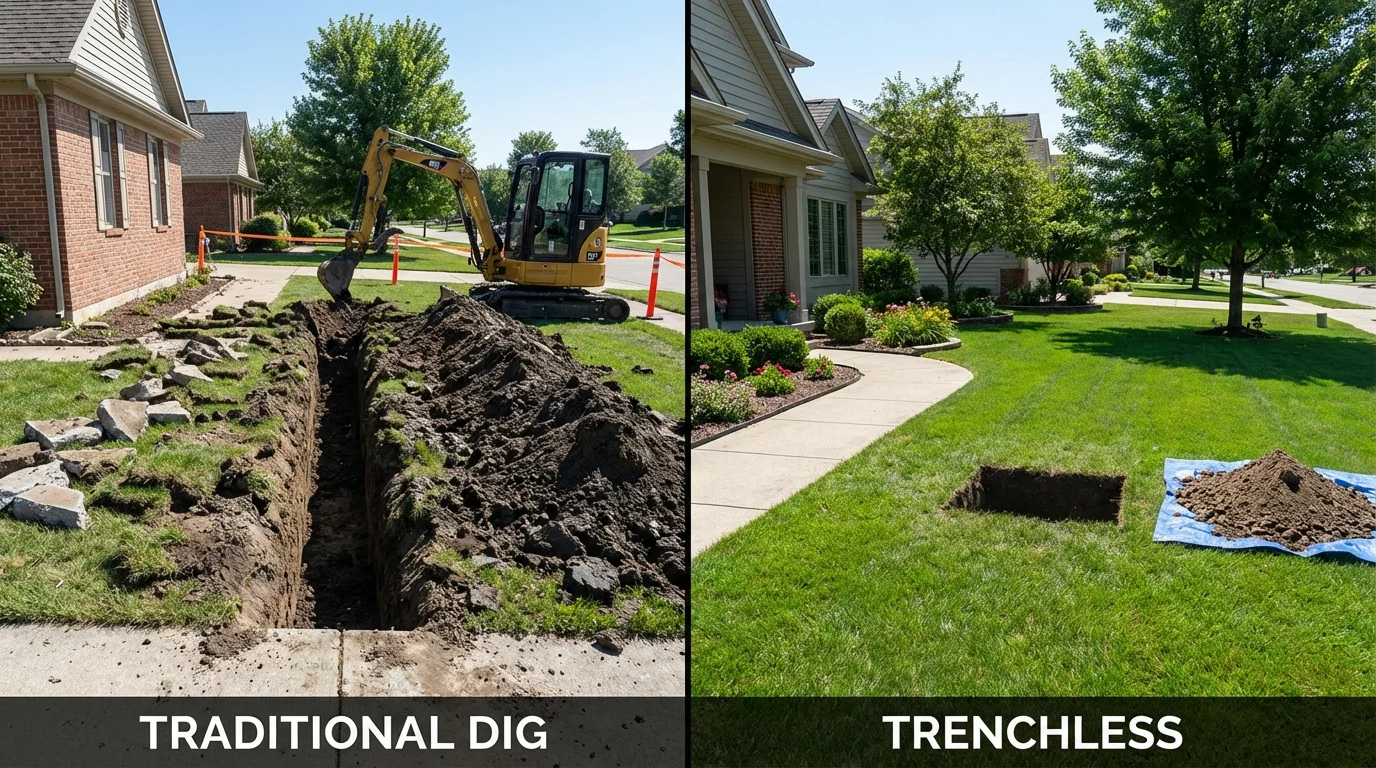 Trenchless sewer repair with minimal yard damage versus traditional excavation in Brownfield, ME