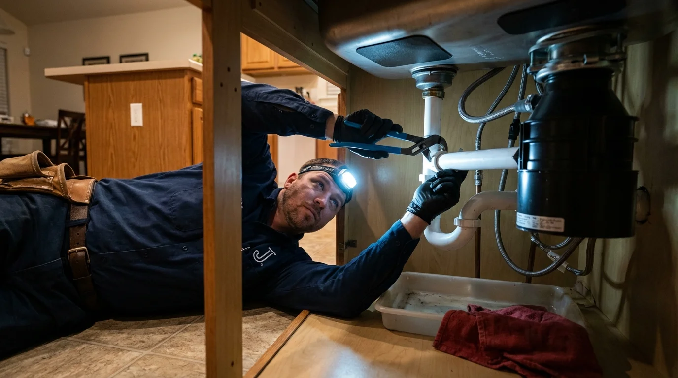 P-trap and supply line connections under a kitchen sink showing a common leak point in Brownfield, ME